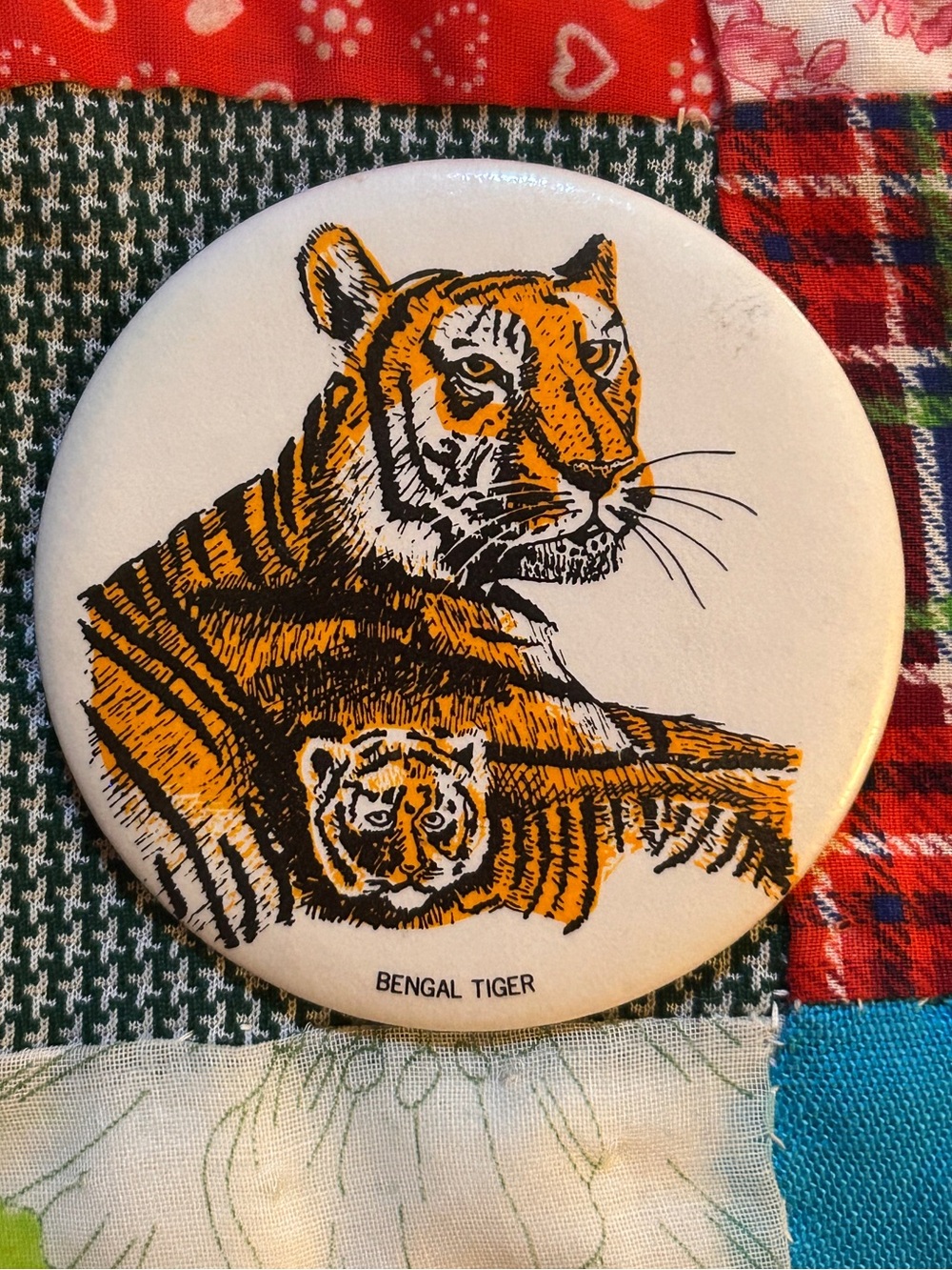 Vintage 1980s Bengal Tiger and Cub Large Button Pin Badge 3 inches
